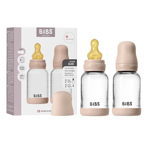 BIBS Glass Baby Bottle, 120 ml, 2-Pack, Natural Rubber Nipple, Blush | Anti-Colic | Natural Rubber Latex Nipple | Slow Flow | Supports Breastfeeding | Made in Denmark | Familiar BIBS Nipple