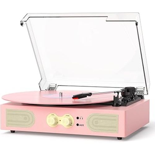 Vinyl Record Player with Built-in Speakers, Vintage 3-Speed Turntable, Bass/Treble Control, Headphone Jack, RCA/AUX Outputs, Belt-Driven LP Player, Pink