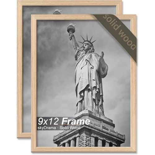 Natural Solid Wood 9x12 Picture Frame, Display 9 x 12 Inch Picture Poster Photo, Vertical & Horizontal Wall Hanging - 2 Pack/Black/9"x12"