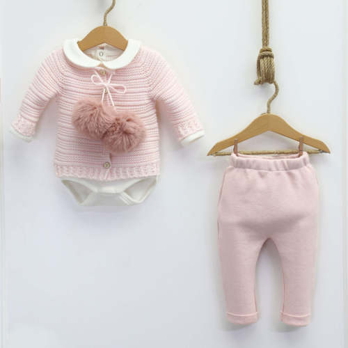 Pink knitted pompom 3 piece set(Cardigan,bodysuit,trousers) – MI LOVES