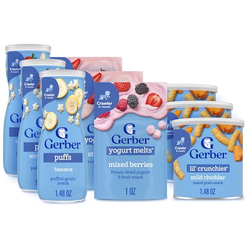 Gerber Strawberry Yogurt Melts, Mixed Berries Yogurt Melts, Banana Puffs, Strawberry Apple Puffs, Mild Cheddar Lil' Crunchies, 9-Pack