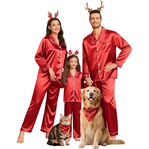 SWOMOG Family Matching Pajamas Set Silk Satin Button Down Sleepwear Long Sleeve Nightwear 2 Pcs Pj Set