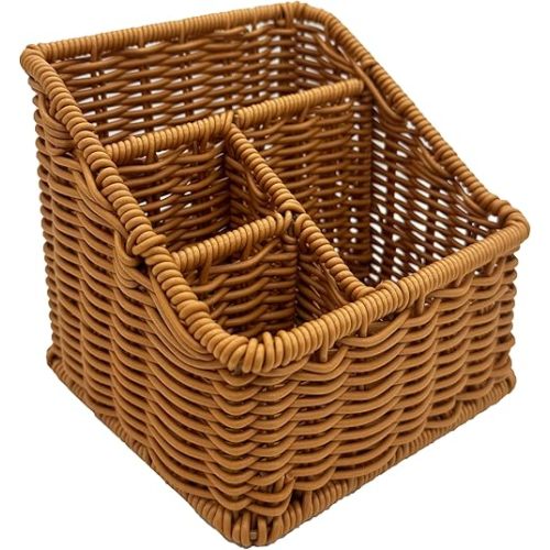 Rattan Remote Control Holder, Wicker Desk Organizer Basket for TV Remotes, Office Supplies, Makeup Brushes, Handwoven Storage Caddy for Tabletop, Shelf, or Kitchen Use (Golden Oak)