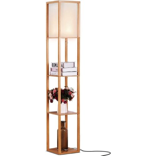 Brightech Maxwell - Modern Shelf Floor Lamp with Lamp Shade & Warm White LED Bulb, Corner Display Floor Lamp with Shelves for Living Room, Bedroom, Nightstand Office, Home Decor Storage - Natural Wood