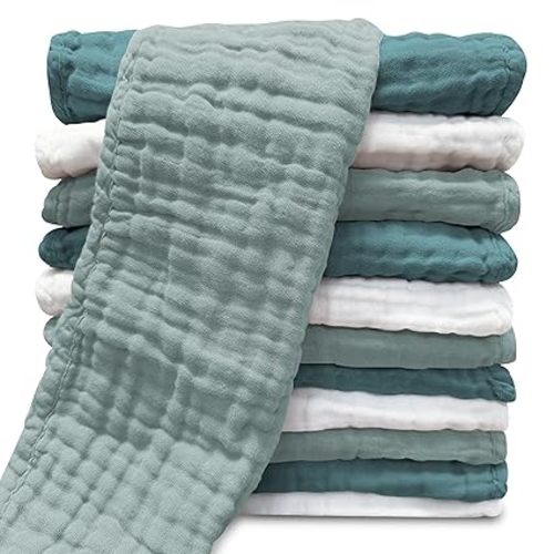 Muslin Burp Cloths for Baby 100% Cotton Burping Cloths for Unisex, Boy, Girl - Large 20'' by 10'' Newborn Essentials Ultra Soft Absorbent Milk Spit Up Rags - 12 Pack - White+Deep Emerald Series