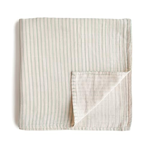 mushie Muslin Baby Swaddle Blanket | 100% Organic Cotton (Sage Stripe)