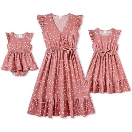 IFFEI Mommy and Me Dresses Outfits Family Matching Dots Pink Ruffle Flutter-Sleeve Dress for Mother and Daughter