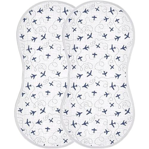 Baby Muslin Burp Cloths Set of 2 Blue Airplanes Muslin Washcloths Air Plane Transportation Sky White Milk Spit Up Rags Newborn Towel Burp Cloth Bib for Unisex Boys and Girls, 22 x 11 Inch
