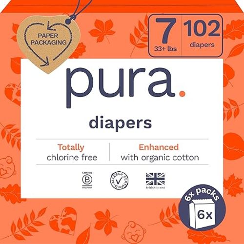 Pura Size 7 Eco-Friendly Diapers (33+lbs) Hypoallergenic, TCF, Soft Organic Cotton, Sustainable, up to 12 Hours Leak Protection, Allergy UK, Recyclable Paper Packaging, 6 Packs of 17 (102 Diapers)