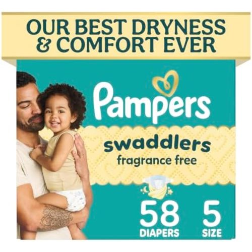 Pampers Swaddlers Diapers, Size 5 (20-37 lbs), 58 Count, Fragrance Free, Hypoallergenic, Absorbent, Pediatrician Recommended, Skin Safe