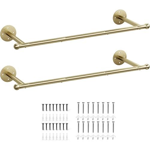 OROPY Industrial Pipe Clothing Rack Set of 2, Wall Mounted Clothes Rack, Closet Rods For Hanging Clothes, 33" Multi-purpose Hanging Rod for Laundry Room, Bedroom and Closet Storage, Gold