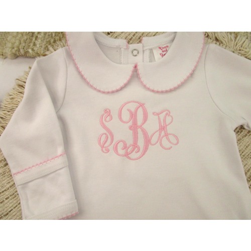 Baby Coming Home Outfit- Girl Monogrammed Footie-Pink Picot Romper