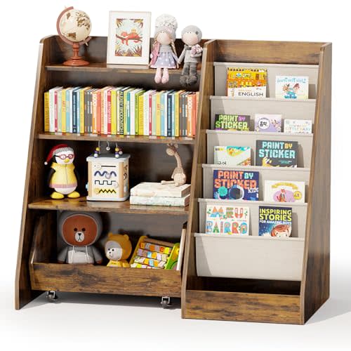 COZPAW Kids Bookshelf and Toy Storage, 4 Tier Toddler Bookshelf with Movable Drawer 5 Sling Pockets, Montessori Book Shelf for Kids Room, Playroom, Nursery (Brown)