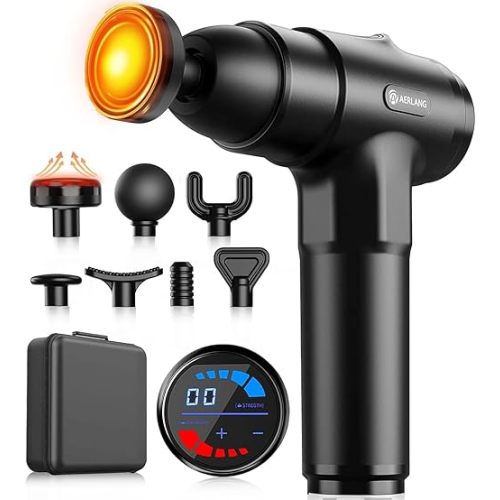 AERLANG Massage Gun with Heat Deep Tissue Back Massager Neck Massager for Pain Relief,Muscle Percussion Massage Gun, Birthday Gifts for Men Women Dad him Handheld Message Gun with 7Heads&Silent