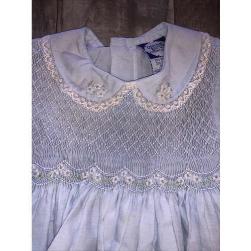 2 Piece ($90) Carriage Boutique Light Blue Smocked Dress Bloomers Flowers Lace Dress 9 M