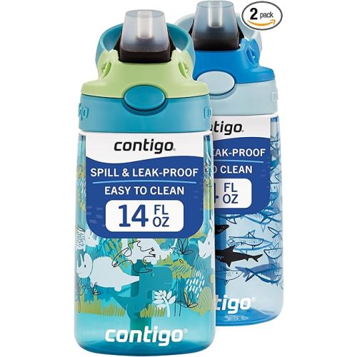 Contigo Aubrey Kids Water Bottle, 2-Pack, 14oz, Dinos & Sharks, Spill-Proof Lid, Dishwasher Safe, Blue & Green