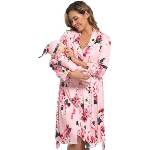 QTECLOR Mommy Robe Set for Maternity with Matching Swaddle Blanket, Delivery Labor Gown Robe for Hospital Women Dress