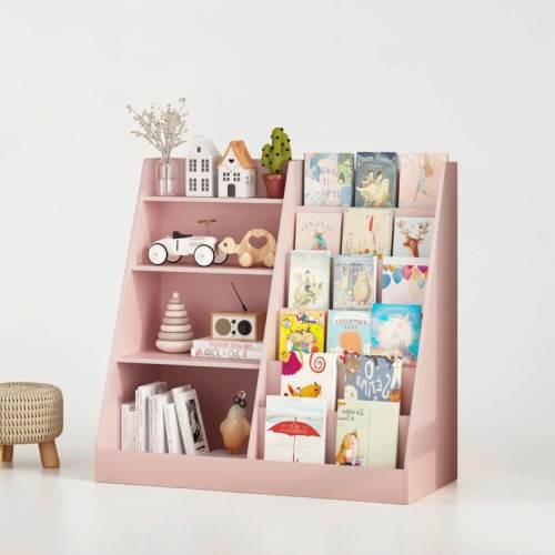 4-Tier Wooden Kids Bookshelf Toy Storage Organizer, Multifunctional Bookcase Display Stand for Nursery Playroom Kids Room