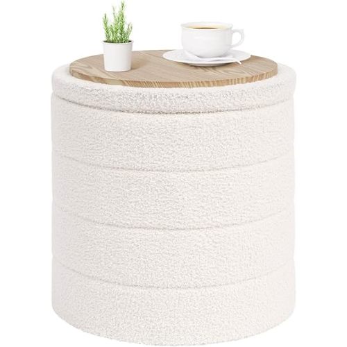 PINPLUS Round Storage Ottoman Foot Rest Stool with Tray Velvet Sherpa Folding Storage Ottoman,Boucle Foot Rest for Living Room, Bedroom, Dorm,White Color