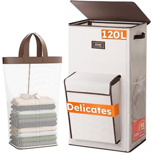SOLEDI 120L Tall Laundry Hamper with Lid & Delicates Compartment, Clothes Hamper with Removable Liner Bag, Dirty Clothes Basket for Bedroom, Bathroom, Dorm, Apartment, Light beige