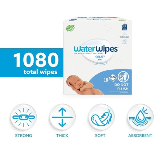 WaterWipes Original Baby Wipes, 99.9% Water-Based Wipes, Unscented & Hypoallergenic for Sensitive Skin, 1080 Count (18 Packs), Packaging May Vary