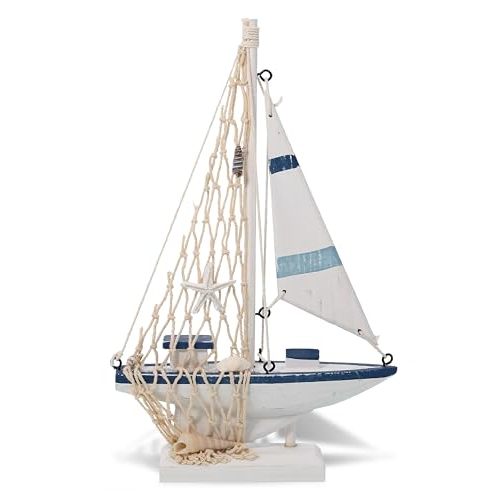 Cota Global Nautical Theme Blue Stripes Wooden Sailboat Decor - 9.75 Inches | Wooden Tabletop Decor, Model Sailboat with Net and Starfish, Cute Nautical Themed Decor for Home, Beach Shelf Decor