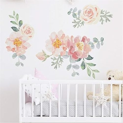 ROFARSO Flowers Wall Stickers Watercolor Orange Pink Peony Nature Plant Vinyl Removable Peel and Stick Wall Decals Art Picture Decorations Decor for Teens Girls Bedroom Living Room Murals