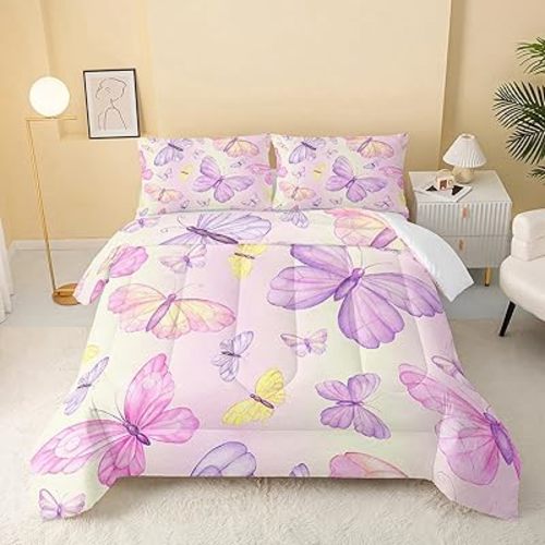QOOMO Pink Butterfly Comforter Twin Size,Watercolor Butterfly Kids Comforter Set,3Pcs Bedding Set Printed Comforter with 2 Pillowcases,Down Alternative,Soft and Lightweight,for All Seasons