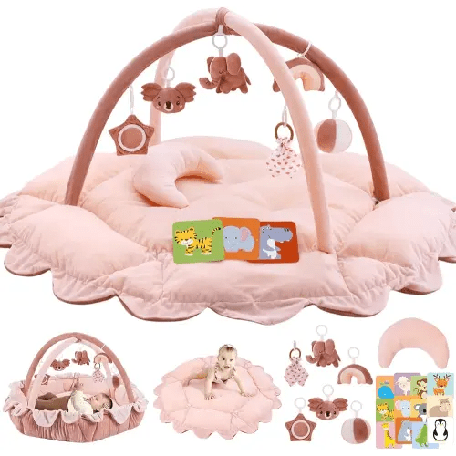 5-in-1 Plush Baby Play Gym, Baby Play Mats, Convertible Baby Gym with Pillow, Tummy time mat, 6 Sensory Toys, Baby Activity Center from Newborn to Toddler, Pet Bed, Cat & Dog Bed, Ball Pit, Pink