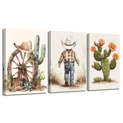 XLMDYYSW Western Cowboy Wall Art Set of 3 Nursery Canvas Prints Cactus Desert Poster Picture Cowboy Hats Paintings for Baby Boys Bedroom Children Decor Framed (Brown, 12.00" x 16.00" x 3PCS)
