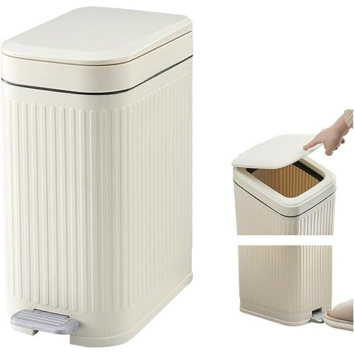 Small Bathroom Trash Can with Lid, Press-Top Lid & Foot Pedal 2-in-1 Garbage Can, 2.6 Gal Plastic Wastebasket Soft Close, Dog proof, Slim Step-On Trash Bin for Kitchen, Office, Bedroom, Dorm-White-10L