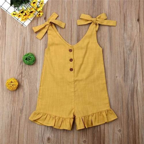 Linen Ruffled Romper: Vintage Kids Overall with Coconut Buttons