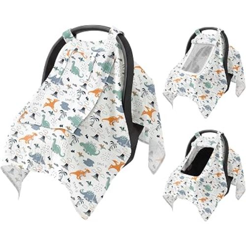Baby Car Seat Cover with Mesh Window, 100% Cotton Carseat Covers Baby Boy Breathable Infant Car Seat Cover Spring Summer Baby Carseat Cover Lightweight Infant Car Seat Canopy - Dinosaur