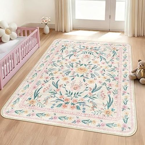 Pink Floral Rug 5X7 for Girls Bedroom or Nursery, Scalloped Washable Non-Slip Area Rug, Cute Soft Boho Carpet for Kids Room, Dorm, or Playroom