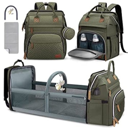 Diaper Bag Backpack, Large Baby Bag with Changing Pad, Thick Padded Back & Straps, Laptop Compartment, Waterproof Travel Backpack with USB Port, Multi-Function for Mom & Dad, Army Green