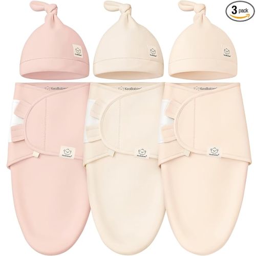 KeaBabies 3-Pack Swaddles for Newborns, Girls, Boys with Hats - Organic Soft Baby Sleep Sacks, Breathable Baby Swaddle 3-6 Months Beanies Set, Premie Infant Sleep Sack 0-3 Months (Angelic)