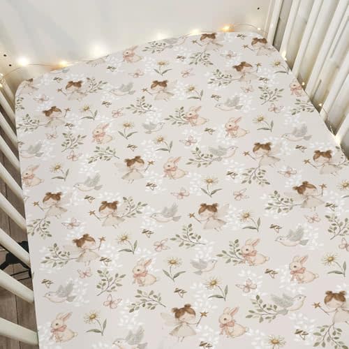 Boho Fairies Baby Crib Sheets for Boy Girl 28"x52" Cute Girl Bunny Bird Daisy Leaves Soft Stretchy Fitted Crib Mattress Cover Spring Garden Baby Sheet for Standard Crib and Toddler Bed Mattresses