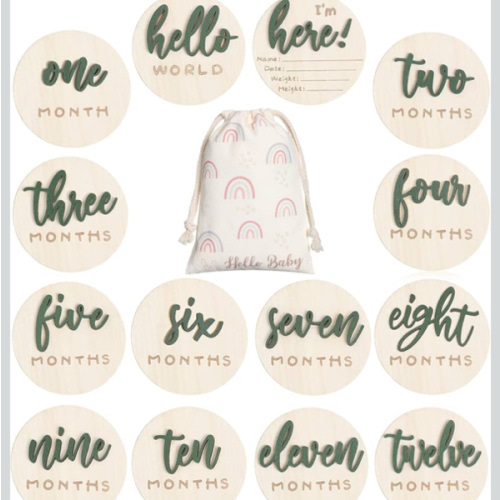 3D Baby Monthly Milestone Card Signs Baby Announcement Sign 7 Pack Double Sided Hello World Newborn Signs Wooden Circles Discs for Welcome Newborn Shower Boy Girl Photo Props(Green)