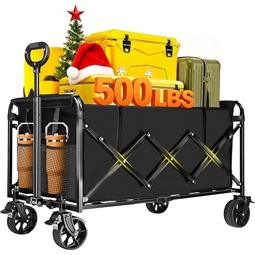 500LBS Collapsible Foldable Wagon Carts - 230L Large Collapsible Wagon Cart with 360° Swivel Brakes Wheels, Portable Utility Lightweight Folding Cart for Camping Shopping Garden & Fish