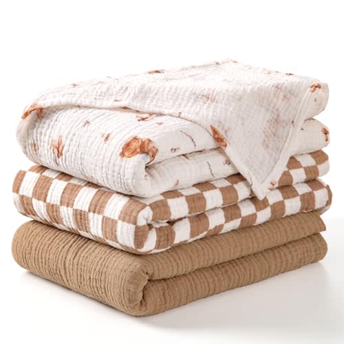 lulumoon Muslin Swaddle Blankets for Baby: Lightweight & Breathable Receiving Blankets for Hospital - Neutral Registry Gift for Newborn 3pack (Brown Bunny)
