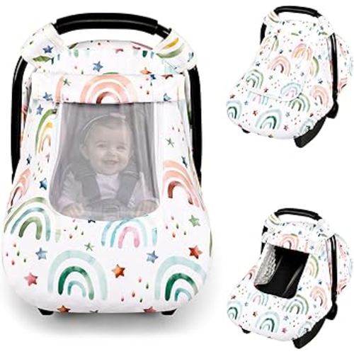 Car Seat Cover for Babies Girls Boys, Infant Carseat Canopy for Newborn with Breathable Mesh Peep Windows, Warm and Windproof, Ultra Soft Baby Carseat Covers for All Seasons, RainbowStar