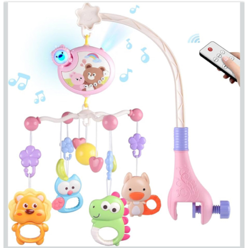 Crib Mobile with Music and Lights, Baby Mobiles for Cribs, Nursery Musical Mobile for Bassinets Toys Hanging Girls Boys, Pack and Play Space Portable Animal Mobile Hanger Arm Clip On Attachment