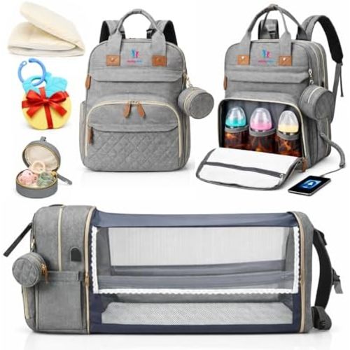 Buddy Bear Baby Diaper Bag Backpack with Changing Station, USB Charging Port, Waterproof Large Capacity Diaper Backpack with Organizer Pockets for Mom & Dad, Grey