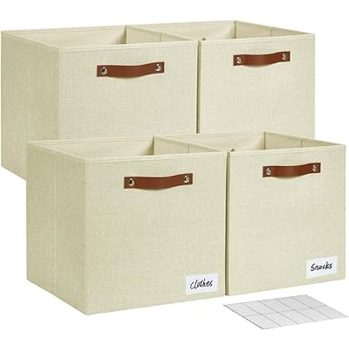 Collapsible Fabric Storage Cube Bins with 2 Reinforced PU Handles, Foldable Storage Organizer Baskets for Closet, Shelves, Living Room | 13"x13"x13", 4 Pack, Full Beige