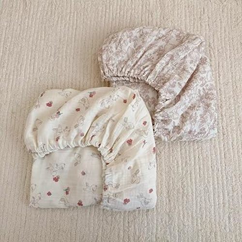 BuLuTu 100% Cotton Muslin Crib Sheets for Girls Boys, Soft Breathable Baby Sheets for 52"x28" Standard Crib Mattress, 2 Pack Toddler Fitted Sheets Nursery Decor, Forest & Rabbit
