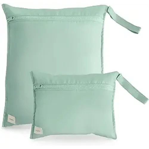 mushie Water Resistant Wet Bags | Large & Small Reusable Storage Bag for Baby Items and Travel | Zippered Pockets with Handle | Machine Washable, Set of 2 (Roman Green)