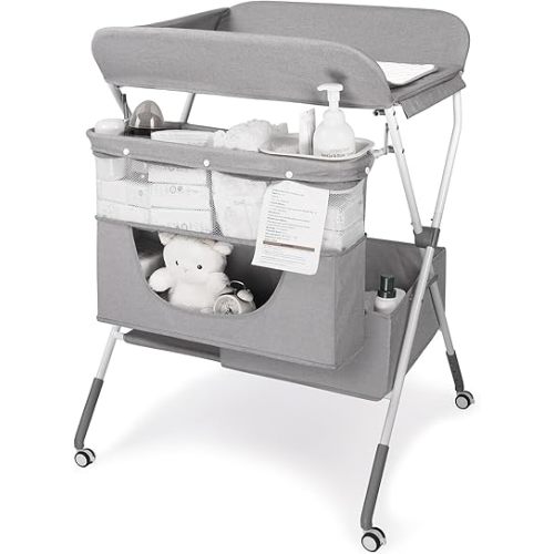 Changing Table, Portable Baby Changing Table with Adjustable Height - Foldable Changing Station with Nappy Mats, Baby Pots, Locking Wheels, Safety Belt & Large Storage, Ideal for Newborn and Infants