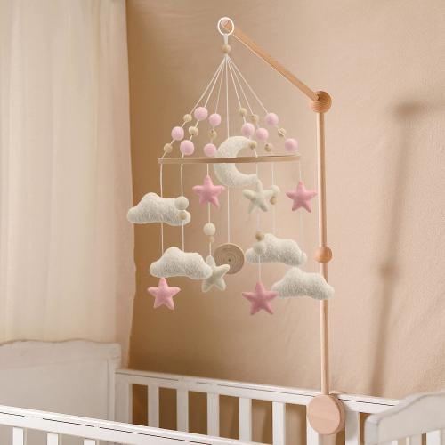 Pink and white felt cloud crib mobile with stars and moon for a baby girl nursery