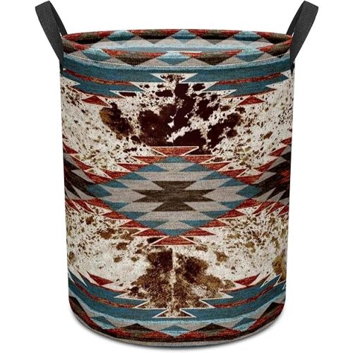Western Aztec Cow Print Baby Laundry Hamper,Laundry Basket,Waterproof Storage Bin for Bedroom,Clothes Organizer Basket,Toys Box,Room Decor