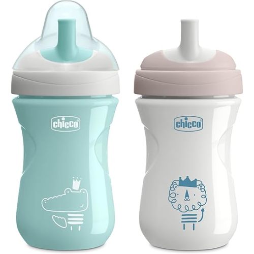 Chicco Sport Spout Trainer with Semi-Firm, Bite-Resistant Spout and Spill-Free Lid 9oz. | Top-Rack Dishwasher Safe | Easy to Hold with Ergonomic Indents | Sage/Grey, 2pk | 9+ months